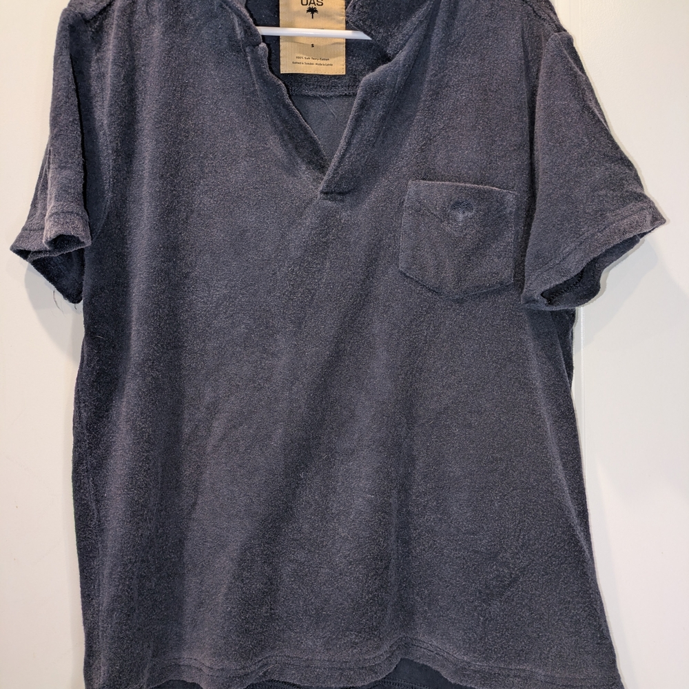 OAS Terry Cloth Polo Shirt Mens Small Navy 100% Cotton Resort Beach Swim